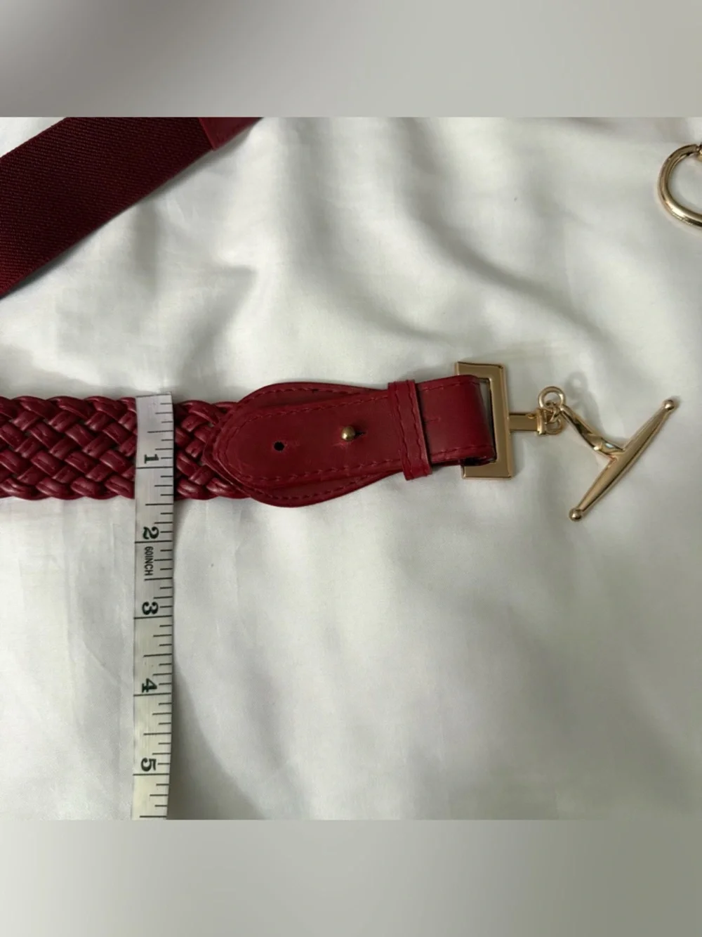 Burgundy braided PU leather elastic waistband skinny belt with gold tone buckle